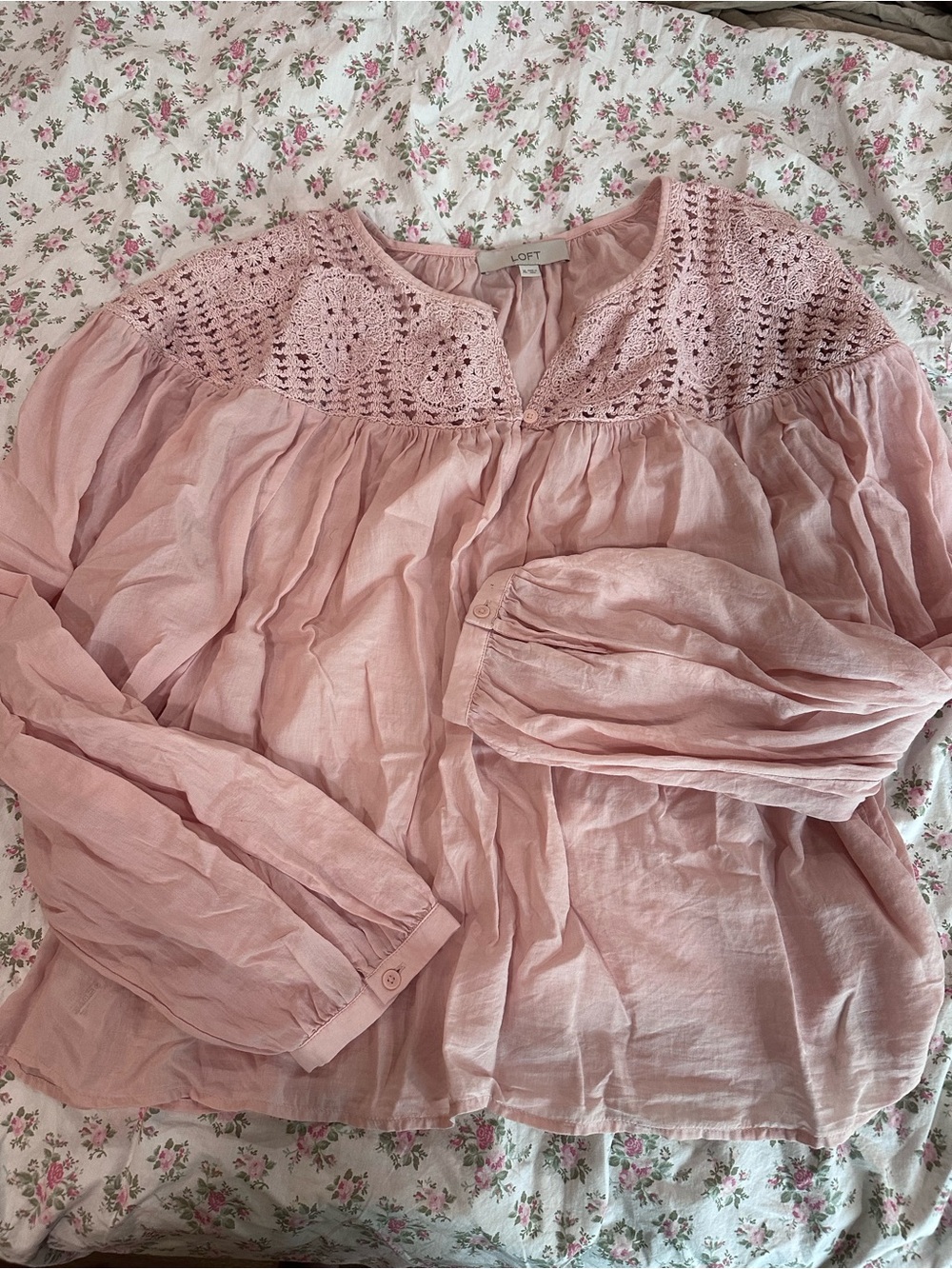 LOFT Women's Blush Pink Crochet Yoke Peasant Blouse XL